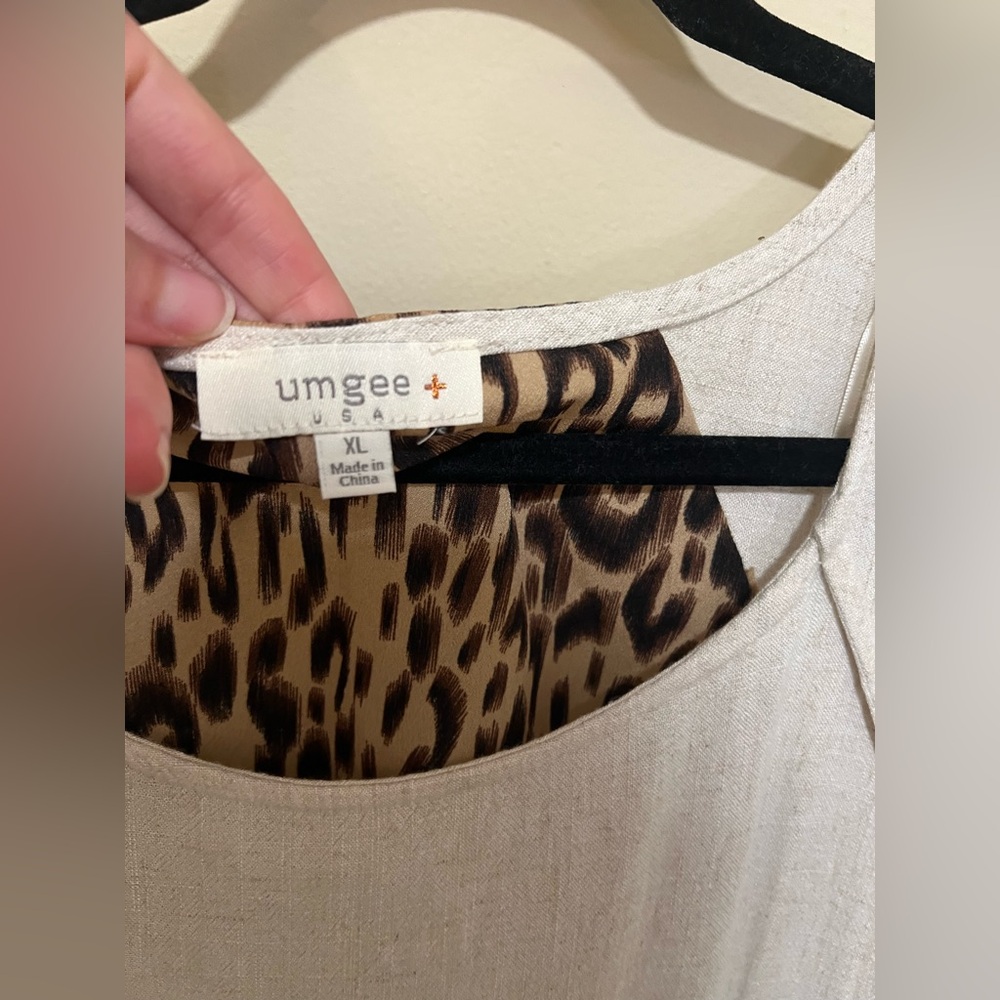 Umgee XL Leopard Back Linen Hi Low Dress Raw Fringe Hem Beach Boho Vacay Women - Picture 7 of 11